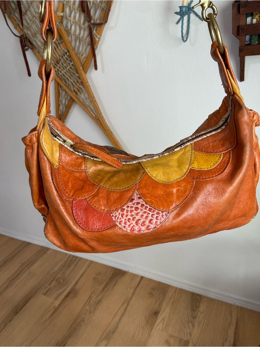 Maya Moon Patchwork Scallop Leather Shoulder Bag in Warm Tones